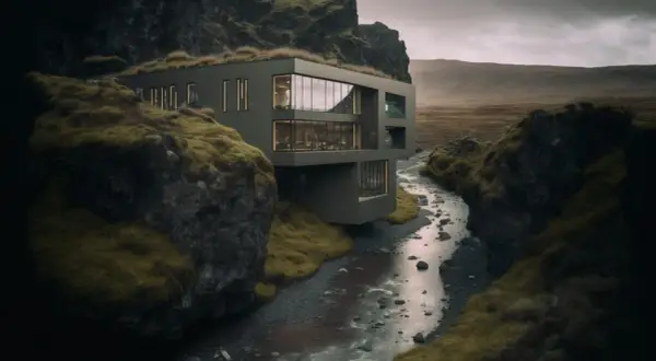 Modern house built into a mossy cliffside, overlooking a rocky stream. This architectural photography captures a dramatic, remote landscape.