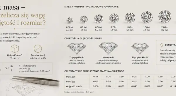 Tabela pokazuje zależność masy diamentu od jego objętości i rozmiaru, uwzględniając gęstość diamentu (ok. 3,52 g/cm³) i szlif.