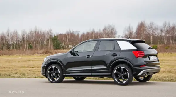 Czarne Audi Q2 z białym akcentem na słupku C, zaparkowane na tle jesiennego krajobrazu. Wiele osób szuka audi q2 opinie przed zakupem.
