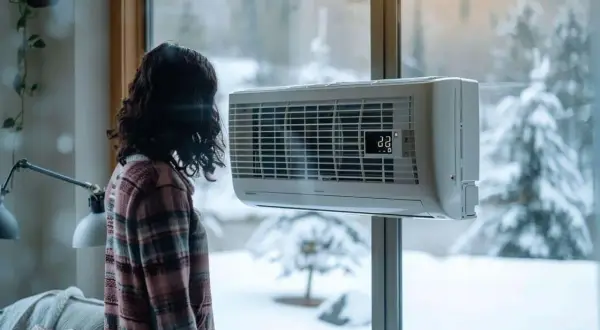 Une femme regarde par la fenêtre un paysage enneigé. La climatisation souffle froid en mode chauffage, affichant 22 degrés.