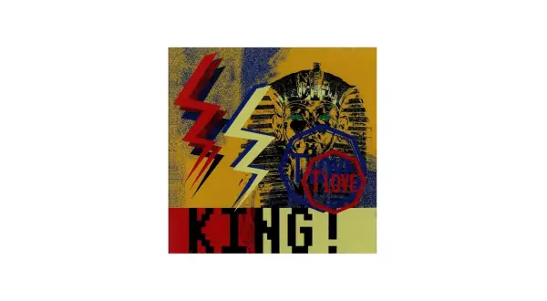 Stylizowany wizerunek faraona z błyskawicami i napisem KING! T LOVE.