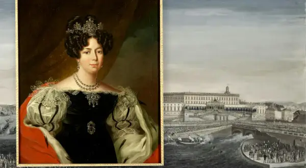 Porträtt av Louise Mountbatten, drottning av Sverige, med en storslagen utsikt över en stad vid en flod.