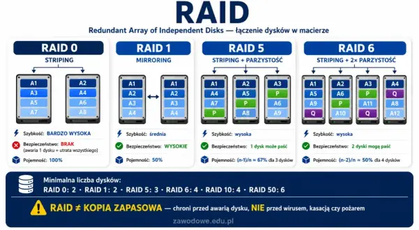 Porównanie konfiguracji RAID: RAID 0 (striping), RAID 1 (mirroring), RAID 5 i RAID 6. Wykres pokazuje szybkość, bezpieczeństwo i pojemność dla każdej opcji.