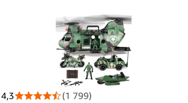 Zestaw zabawek wojskowych: helikopter, jeep, motocykl, łódź, żołnierze i broń.