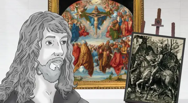Albrecht Dürer's famous works, "The Assumption of the Virgin" and "Knight, Death, and the Devil," are displayed behind a stylized portrait of the artist.