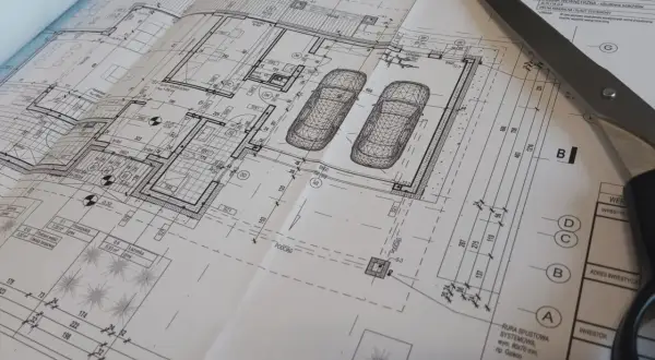 Projekt architektoniczno budowlany i projekt techniczny domu z garażem, z widocznymi elementami technicznymi i nożyczkami.