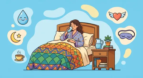 Mujer en cama bebe agua, rodeada de iconos de luna, gota, corazón alado, antifaz y taza de café. Consejos para la **cuarentena embarazo**.