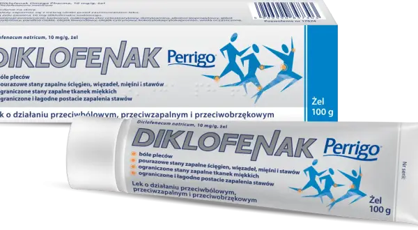 Opakowanie i tubka żelu przeciwbólowego Diklofenak Perrigo z grafiką biegaczy.