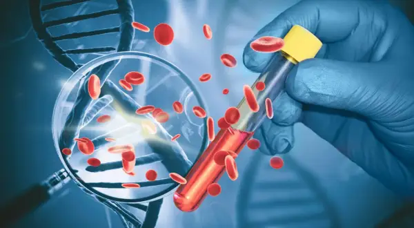Badanie krwi pod mikroskopem, DNA i probówka. Trucheck Intelli NFZ - przyszłość diagnostyki.