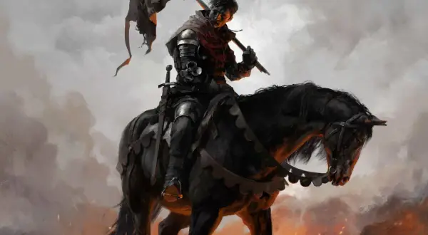 Rycerz na czarnym koniu, z flagą w dłoni, w zbroi. W tle płomienie i dym. To może być scena z Kingdom Come Deliverance, gdzie najlepsza broń jest kluczem do zwycięstwa.