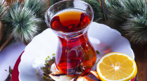 En kopp te med citron, kanske en ledtråd till vilket land dricker mest te? Gröna kvistar ramar in scenen.