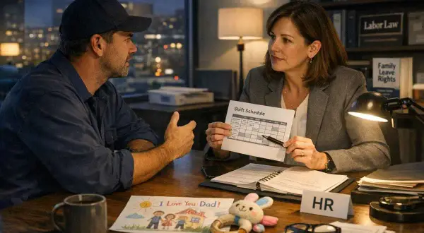 Uomo con cappellino discute con HR un foglio "Shift Schedule". Sul tavolo, un disegno "I Love You Dad!" e un sonaglio.