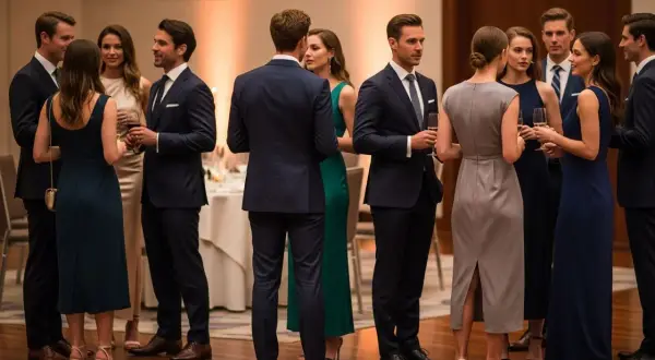 Eleganckie stroje na bankiet: mężczyźni w garniturach, kobiety w sukniach. Idealny przykład, jak się ubrać na bankiet.