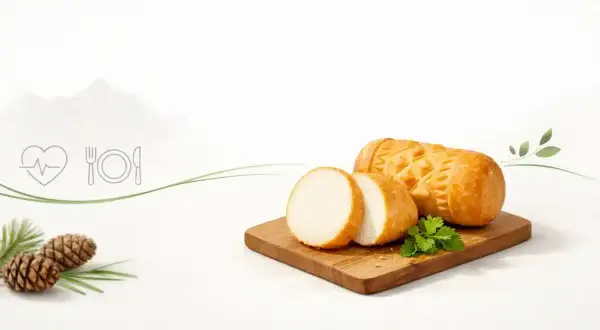 Oscypek na desce, pokrojony w plastry, z gałązką pietruszki. Zastanawiasz się nad oscypek kcal?
