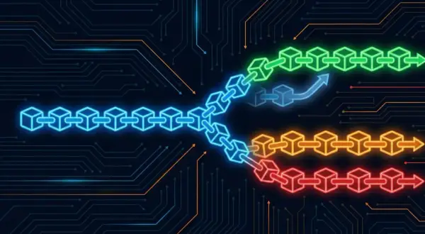 Eine blaue Blockchain teilt sich in drei neue Ketten: grün, gelb und rot. Dies symbolisiert einen **hard fork** in der digitalen Welt.
