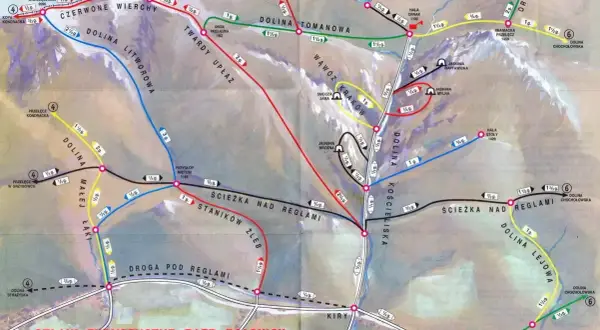 Mapa szlaków turystycznych Tatr Polskich, z zaznaczonym szlakiem na Ornak z Doliny Kościeliskiej.