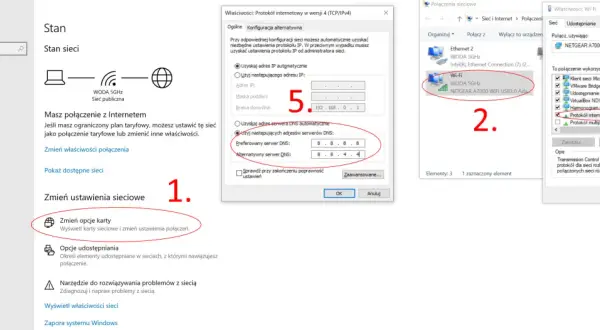 Konfiguracja sieci Wi-Fi, gdzie połączono bez internetu, z widocznymi ustawieniami protokołu TCP/IPv4 i serwerów DNS.