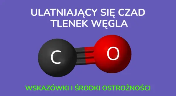 Ulatniający się czad tlenek węgla. Molekuła CO, czarna kula z literą C i czerwona z literą O, połączone potrójnym wiązaniem. Wskazówki i środki ostrożności.