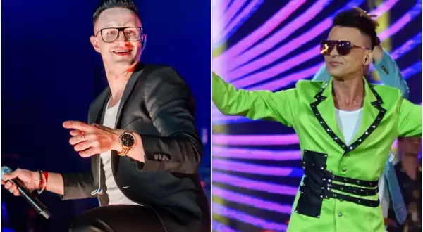Gwiazdy disco polo z wschodniej Polski: Zenek Martyniuk w czarnym garniturze i w zielonej stylizacji na scenie.