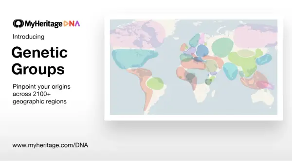 Carte du monde avec des zones colorées représentant les groupes génétiques. Découvrez votre **my heritage origine** avec MyHeritage DNA.