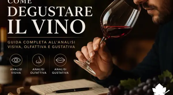 Uomo annusa vino rosso in un bicchiere, guida alla degustazione visiva, olfattiva e gustativa. Scopri le caratteristiche vino.