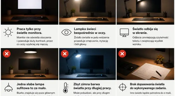 Złe oświetlenie biurka: światło monitora, lampka w oczy, odbicia, słaba lampa sufitowa, zimna barwa, brak dopasowania. Co to światło? To klucz do komfortowej pracy.