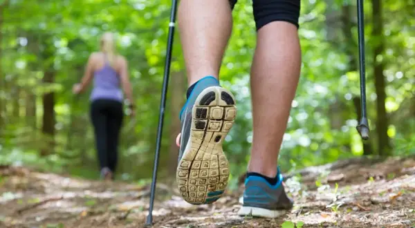 Osoba w bucikach na kijki nordic walking stawia krok na leśnej ścieżce.