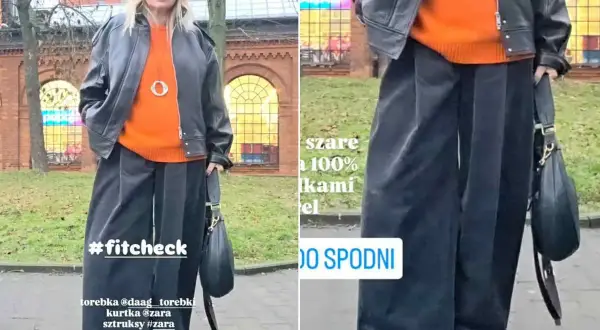 Kobieta w pomarańczowym swetrze, czarnej ramonesce i szerokich, szarych sztruksach. Stylowy #fitcheck.