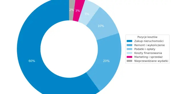 Struktura kosztów przy standardowym flippingu mieszkania: 60% zakup, 20% remont, 10% podatki, 5% koszty finansowania, 3% marketing, 2% nieprzewidziane.
