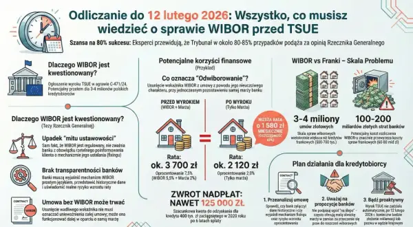 Grafika wyjaśnia sprawę WIBOR przed TSUE, pokazując potencjalne korzyści finansowe dla kredytobiorców i skalę problemu dla banków.