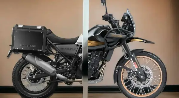 Dwóch połówek motocykla Royal Enfield Himalayan, z czarną kufrem z tyłu i osłoną silnika z przodu, gotowych na przygodę.