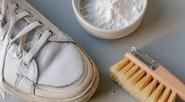 Scarpe bianche in pelle pronte per essere pulite con bicarbonato e una spazzola.