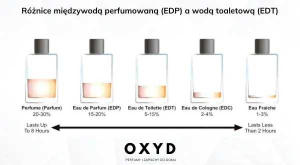 Porównanie trwałości perfum: od Parfum (20-30% olejku, do 8h) po Eau Fraiche (1-3% olejku, poniżej 2h).