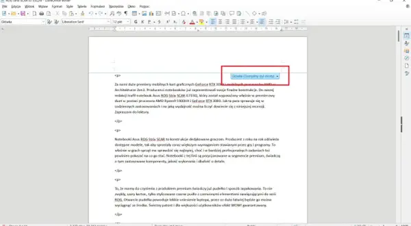 Jak usunąć numer strony ze strony tytułowej w LibreOffice Writer? Widok nagłówka i stopki, gdzie można edytować styl strony.