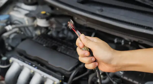 Main d'une personne tenant un câble de voiture rongé. Ce dégât rongeur sur la voiture pourrait être couvert par l'assurance.