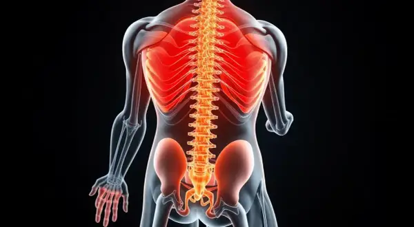 Ryggraden lyser rött, vilket kan indikera smärta eller inflammation. Detta kan vara relaterat till vad stenos betyder, en förträngning av ryggmärgskanalen.