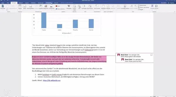 Jak dodać komentarz w Wordzie: widzisz okno programu Word z tekstem o Księżycu i dwoma komentarzami od Rene Fürst.