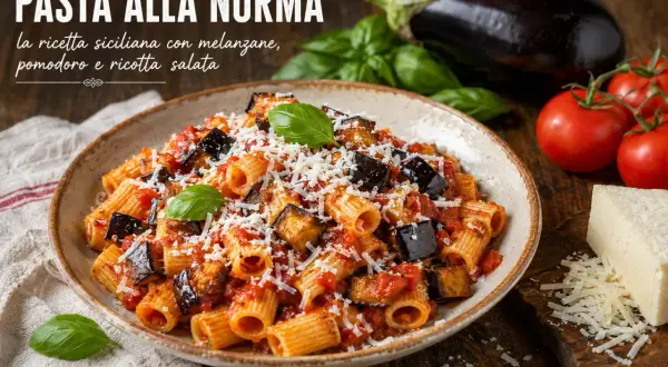 Un plat de pâtes à la norma, garni de morceaux d'aubergine frite, de sauce tomate et de ricotta salata râpée, avec des ingrédients frais en arrière-plan.