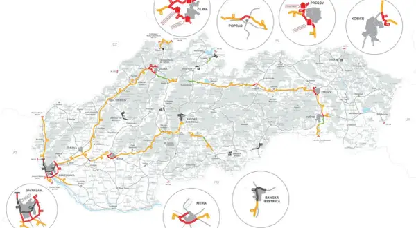 Mapa Słowacji z zaznaczonymi drogami, miastami i tunelami, z powiększeniami wybranych obszarów.