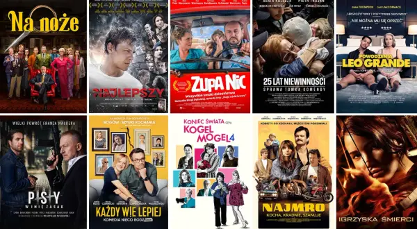 Plakaty filmowe: "Na noże", "Najlepszy", "Zupa nic", "25 lat niewinności", "Powodzenia Leo Grande", "Psy", "Bogów sztuki kochania", "Koniec świata czyli Kogel Mogel 4", "Najmro", "Igrzyska śmierci".