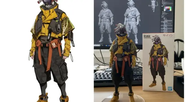 Kreator postaci do książki: figurka i grafika cybernetycznego bohatera w żółtej kurtce, obok ekranu z modelem 3D.