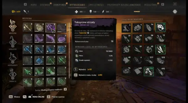 Toksyczne strzały w Dying Light 2: Zakonczenia. Do wytworzenia potrzebne są złom, pióra i środki czystości.