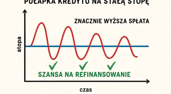 Wykres pokazuje pułapkę kredytu na stałą stopę. Fale stopy procentowej oscylują, a gdy spadają poniżej linii, pojawia się szansa na refinansowanie.