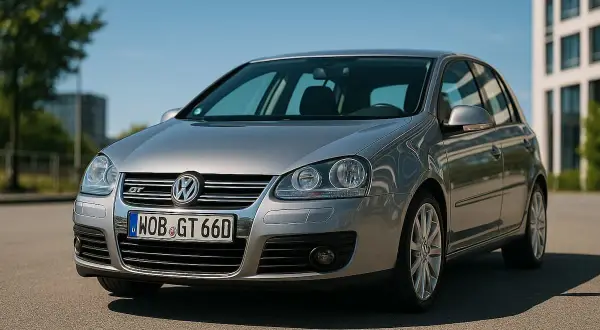 Srebrny Volkswagen Golf V z niemieckimi tablicami rejestracyjnymi na tle budynku.