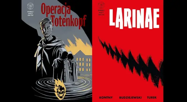 Pop art okładki komiksów: "Operacja Totenkopf" z płonącą czaszką i postaciami w kapturach oraz "LARINAE" z czerwonym tłem i czarnym, ostrym wzorem.