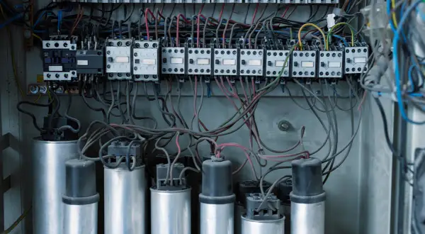 Wnętrze rozdzielnicy elektrycznej z kondensatorami i stycznikami, kluczowe dla poprawy współczynnika mocy cos fi.