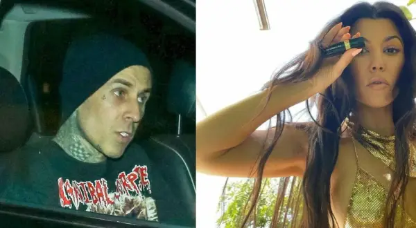 Travis Barker i jego żona Kourtney Kardashian, ona trzyma kosmetyk.