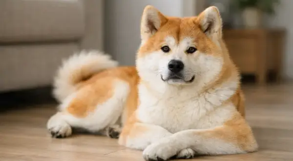 Piękna akita leży na podłodze, zastanawiając się, ile żyje akita. Jej puszysty ogon i spokojne spojrzenie budzą sympatię.