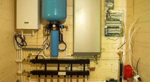 Système de chauffage avec chaudière, ballon tampon sur retour PAC, et tableau électrique sur mur en bois.
