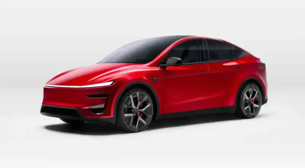 Czerwony Tesla Y 2025 z czarnym dachem i przyciemnianymi szybami, prezentujący futurystyczny design.